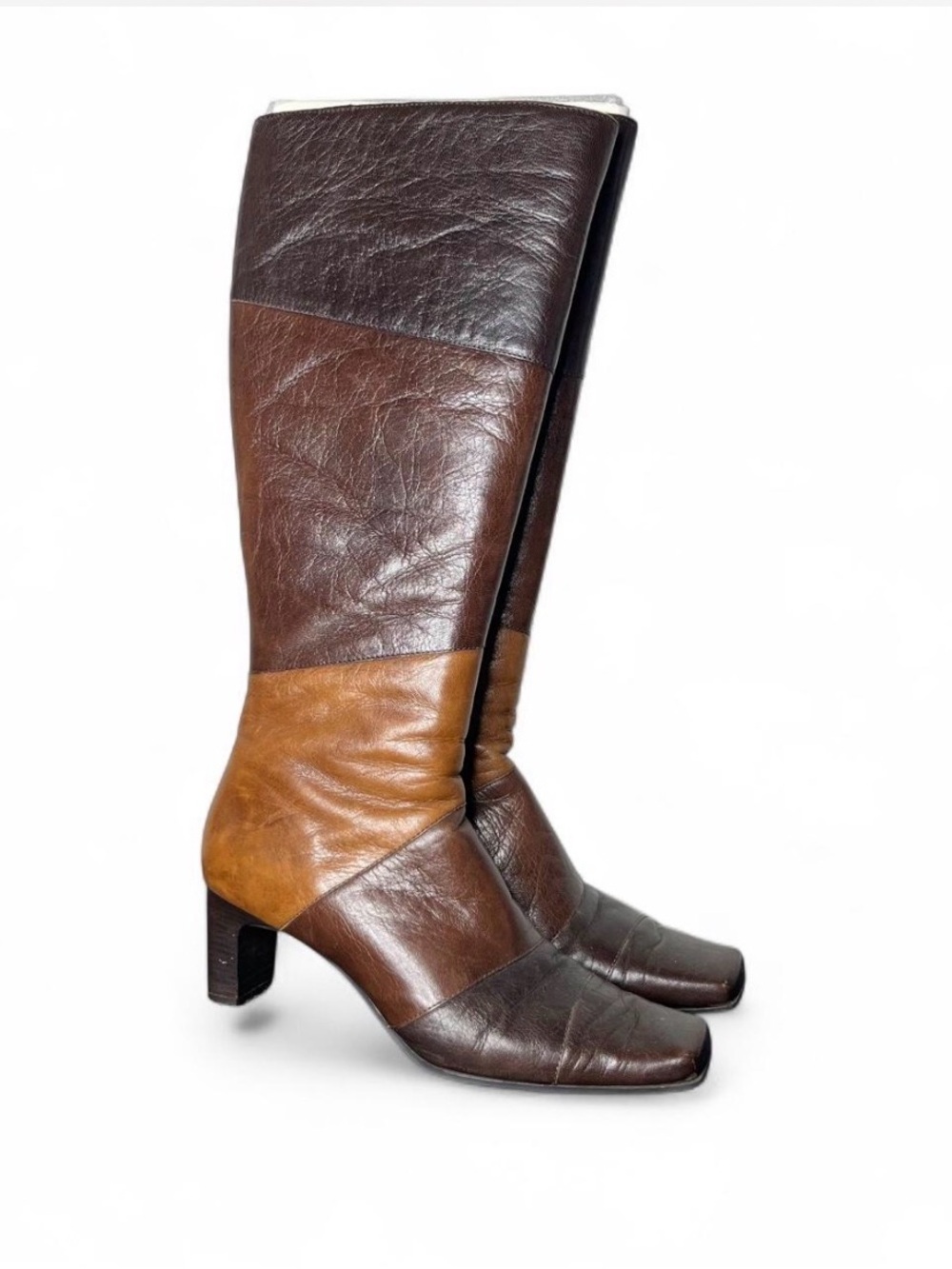 Vintage Liz Claiborne Patchwork Leather Square Toe Heeled Knee High Boots READ